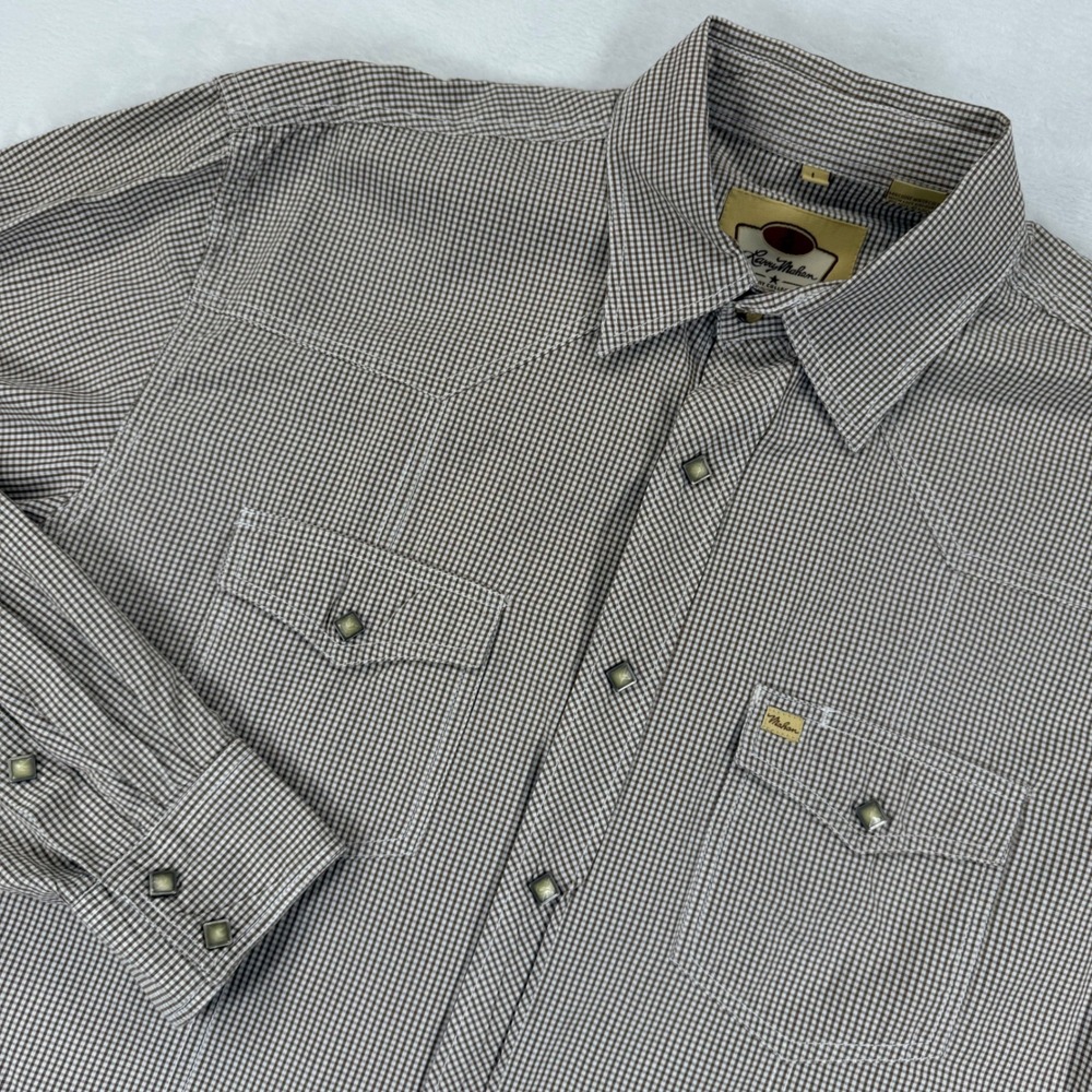 Larry Mahan Mens Brown Gingham Western Pearl Snap Shirt Long Sleeve Large